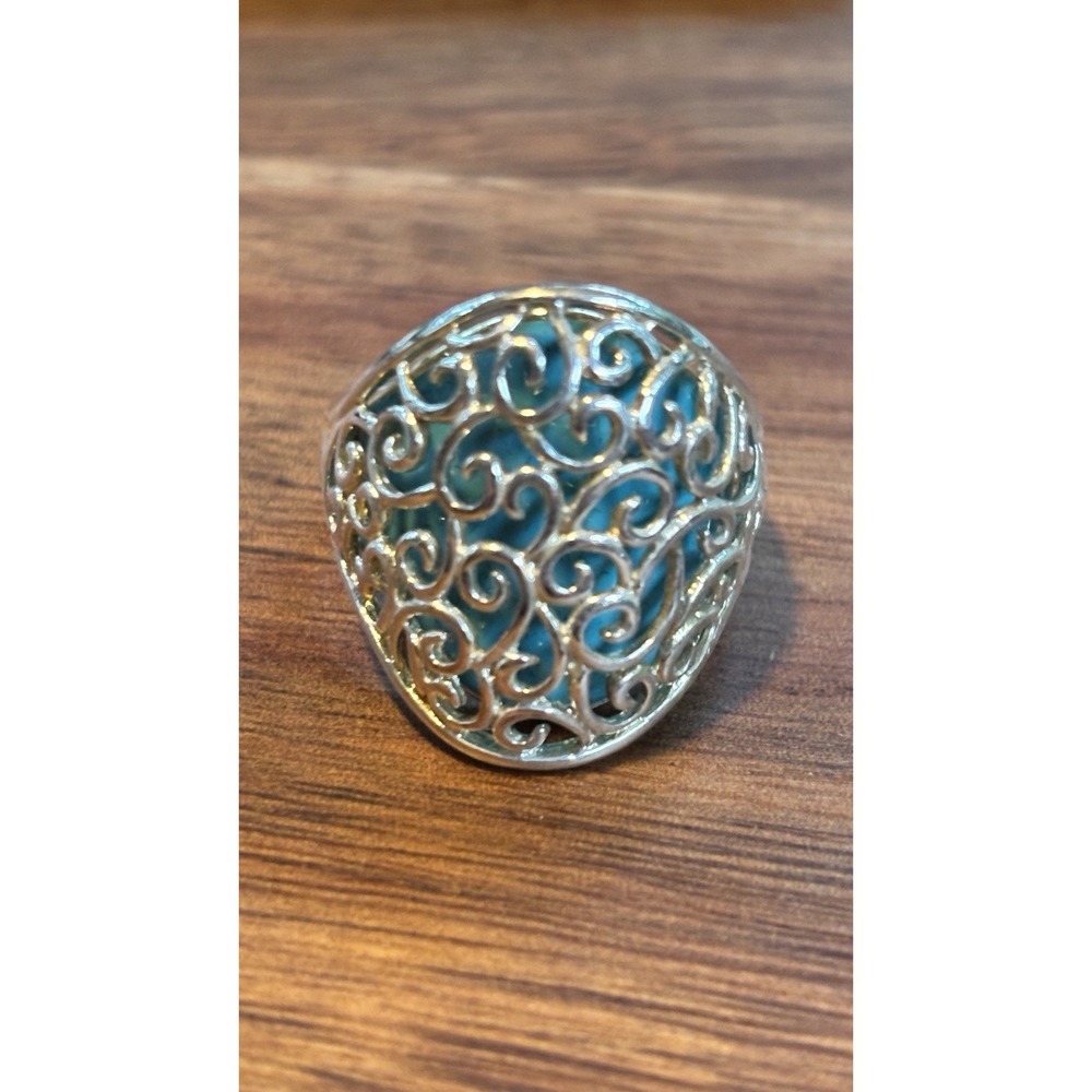 Designer 925 Sterling Silver Aqua Enamel Swirl Scroll Open Work Statement Ring